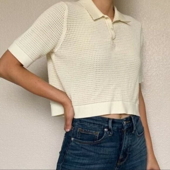 Theory Tops - Theory Knit Collar Ivory Crop Top Shirt